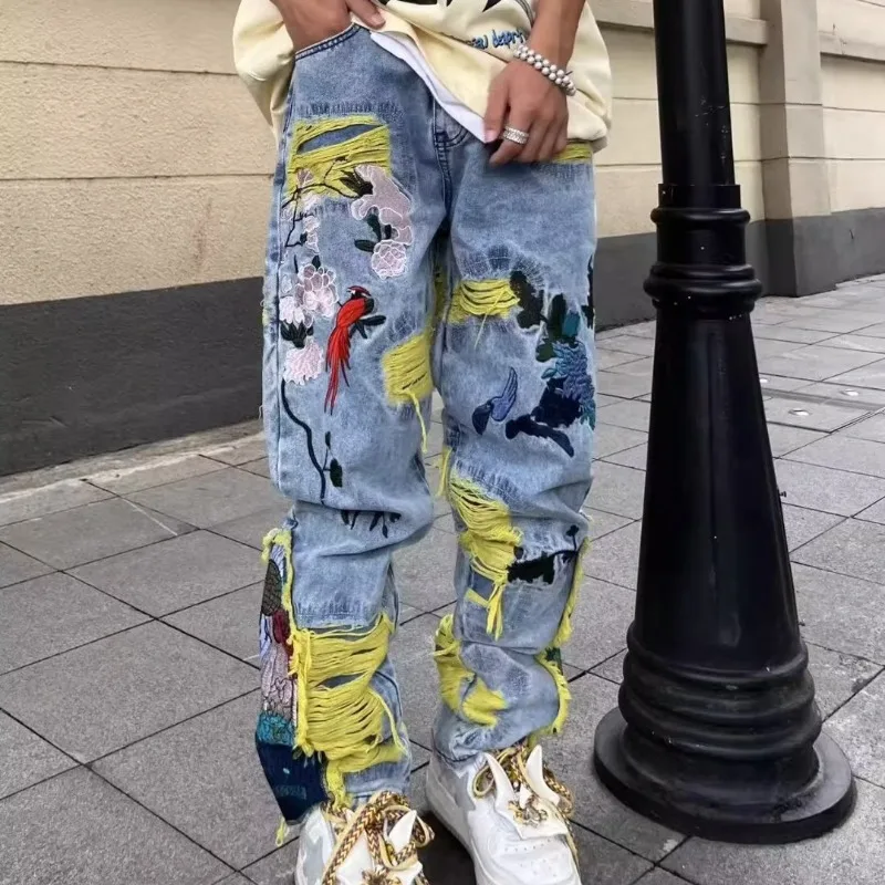 Street Fashion Jeans Men - Amerikaanse vintage hiphop borduurwerk vervalde jeans
